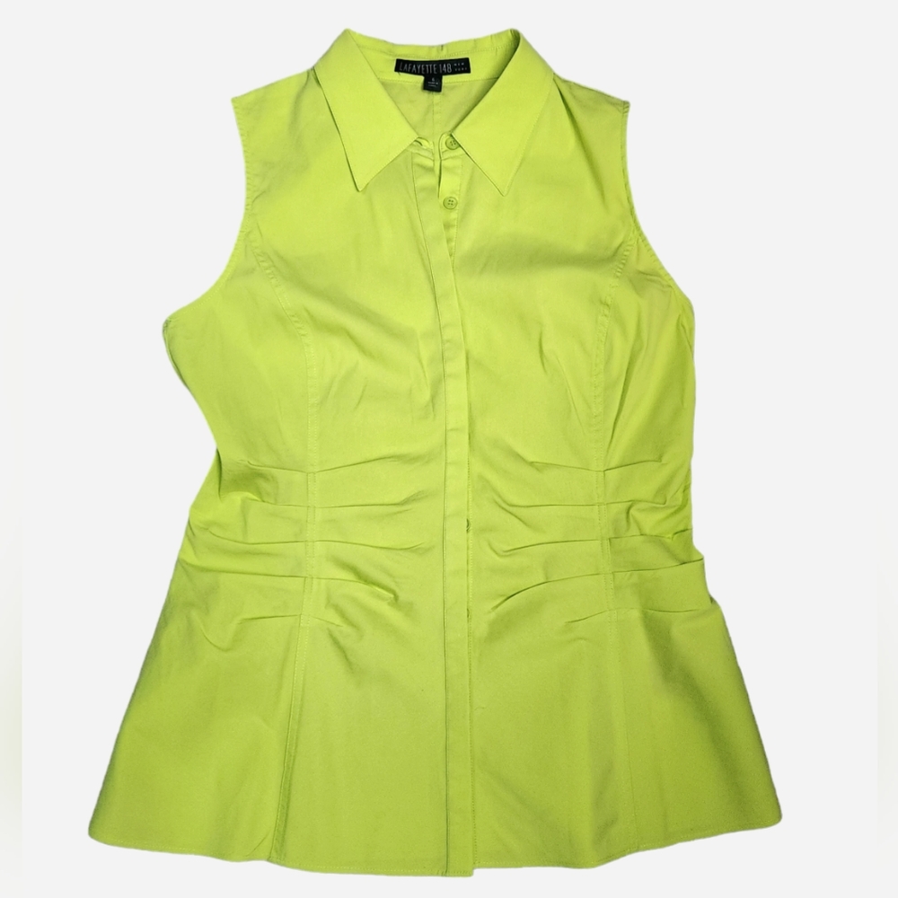 Lafayette 148 Blouse Top Sz 6 Georgina Sleeveless Button Up Ruched Neon Green